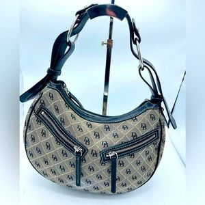 DOONEY & BOURKE MONOGRAM COATED COTTON PURSE WITH HEAVY LEATHER ACCENTS & CHARM